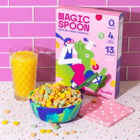 Magic Spoon Fruity cereal pour highlights quick, protein-packed morning start.