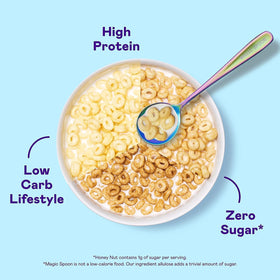 Magic Spoon Fruity cereal lifestyle shot highlights keto-friendly, gluten-free benefits.