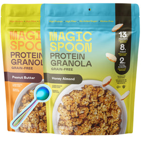 Magic Spoon granola honey almond two-pack on shelf, convenient snack option.