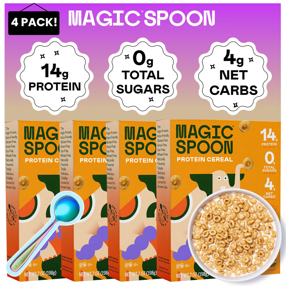 Magic Spoon Peanut Butter cereal pack showing four-pack for high-protein breakfast