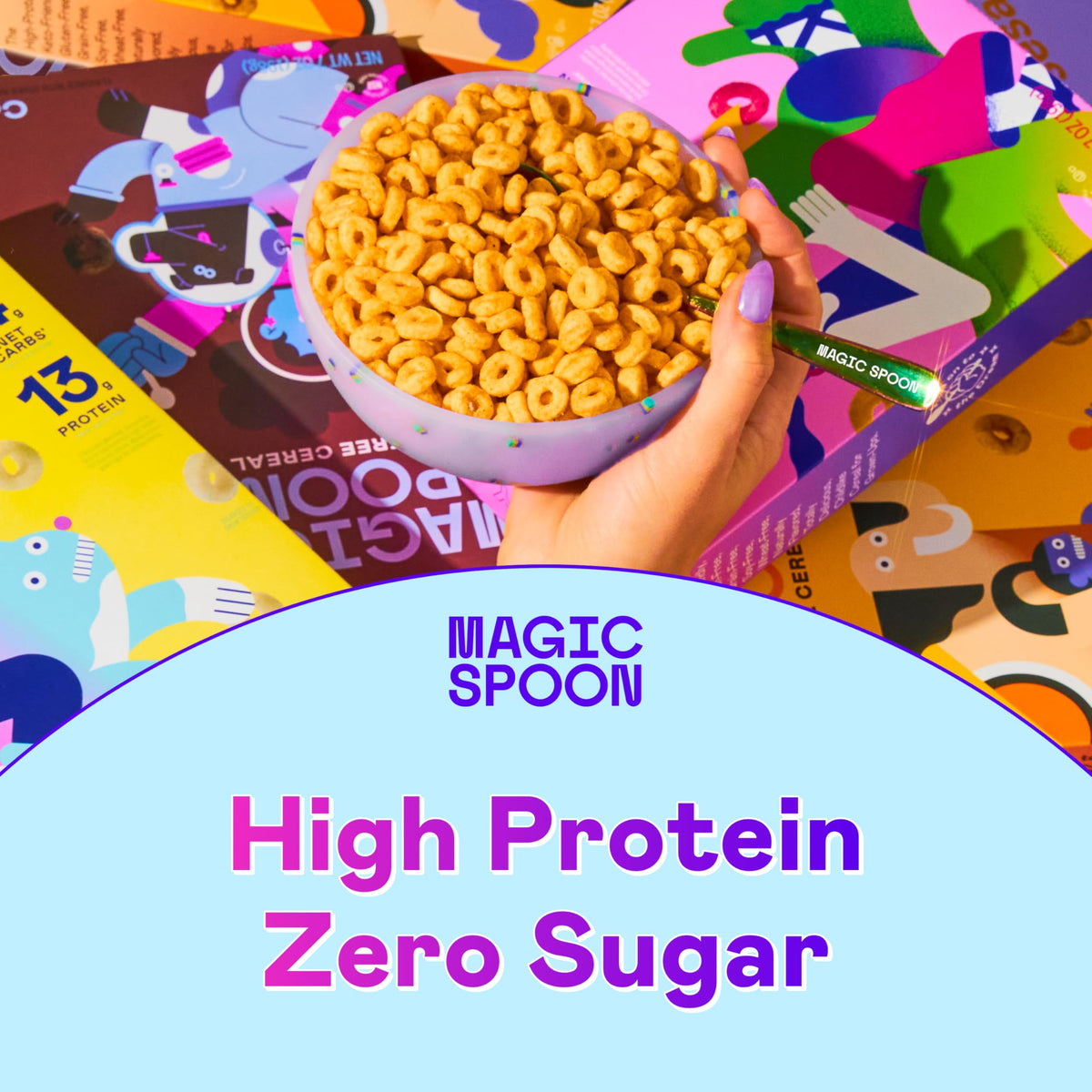 Magic Spoon Peanut Butter flavor cereal on spoon with inviting aroma