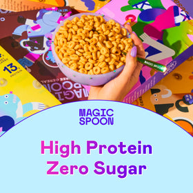 Magic Spoon Peanut Butter flavor cereal on spoon with inviting aroma