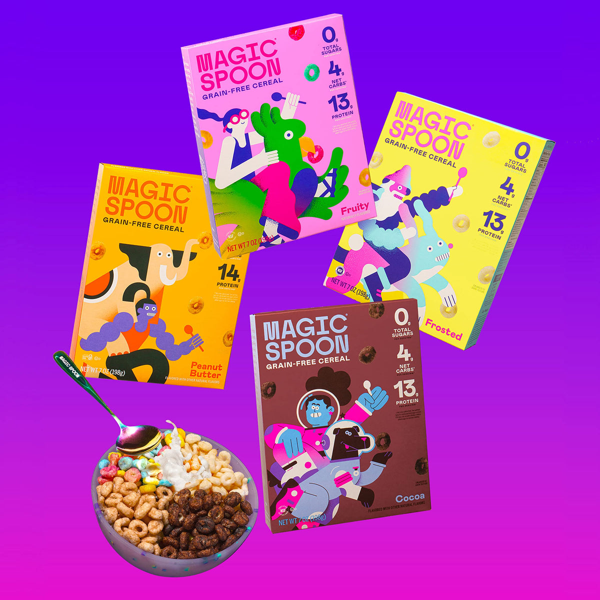 Magic Spoon serving plate shows cereal pour with zero sugar.