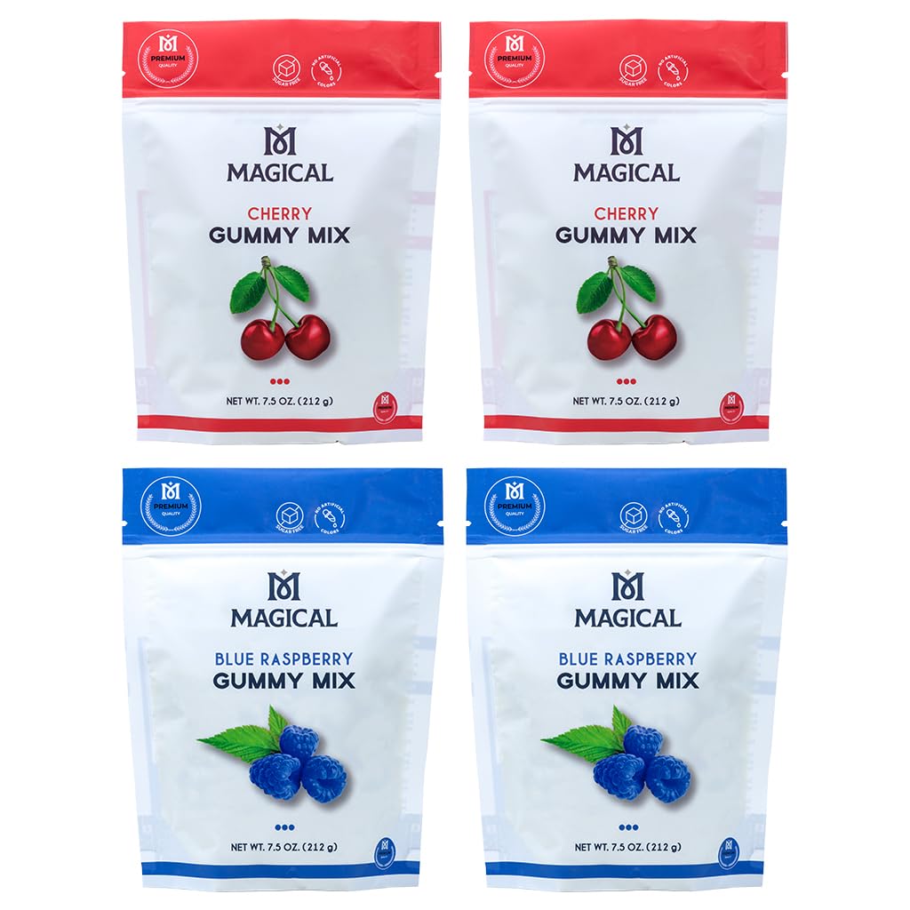 Magical Butter Gummy Mix blue raspberry bag shows organic sugar-free formula for at-home gummies.