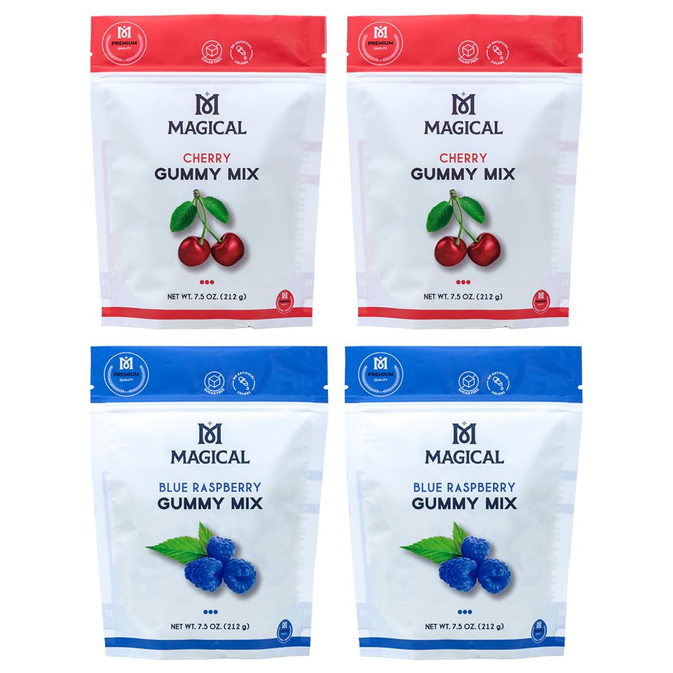 Magical Butter Gummy Mix blue raspberry bag shows organic sugar-free formula for at-home gummies.