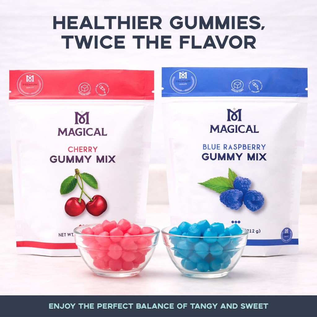 Magical Butter Gummy Mix blue raspberry mold-ready image highlighting quick set and mold compatibility.