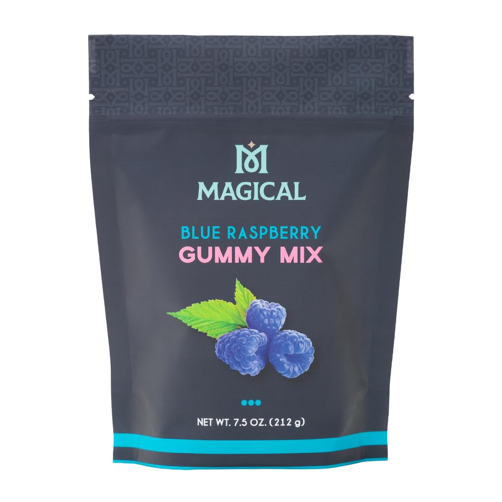 Magical Butter Gummy Mix packaging close-up highlighting blue raspberry flavor