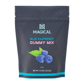 Magical Butter Gummy Mix packaging close-up highlighting blue raspberry flavor
