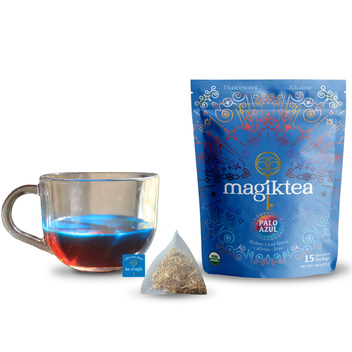 Magiktea Palo Azul blue tea brew glowing in sunlight