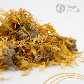 MagJo dried calendula flowers on kraft bag for freshness and storage.