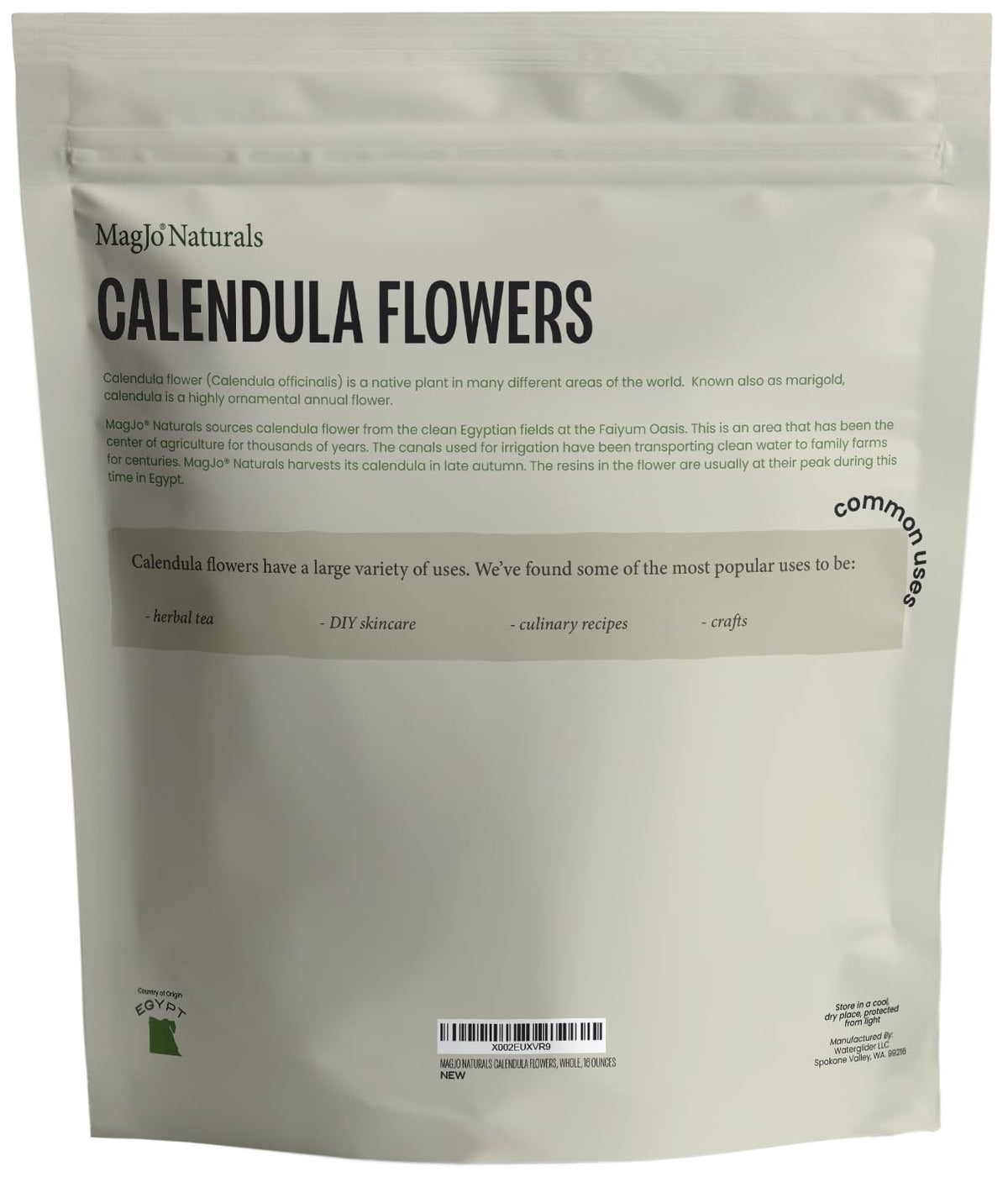 MagJo calendula packaging resealable foil-lined kraft bag for freshness.