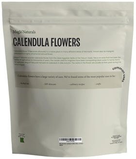MagJo calendula packaging resealable foil-lined kraft bag for freshness.