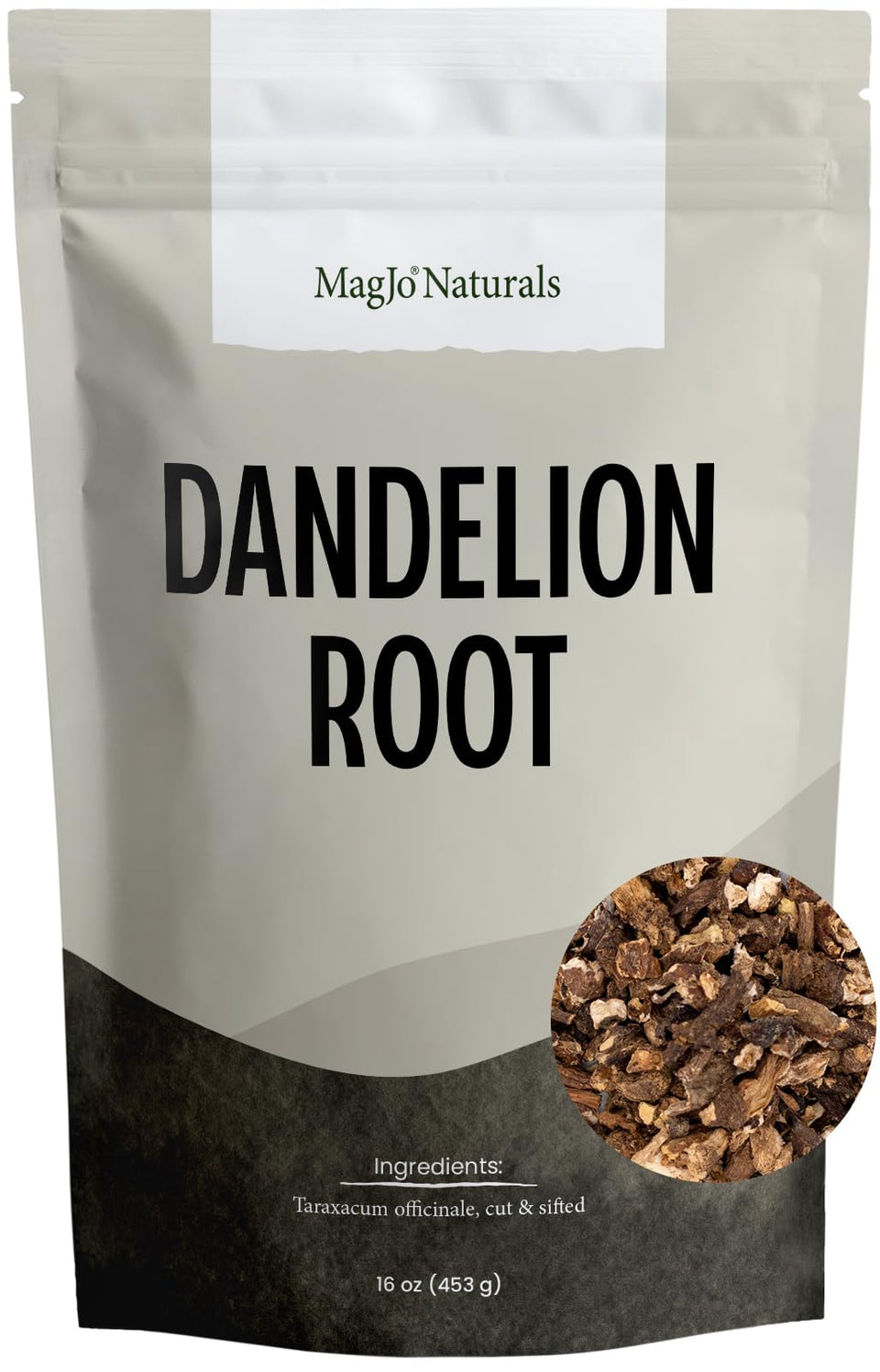 MagJo Naturals Dandelion Root loose tea in kraft pouch, perfect for a comforting cup