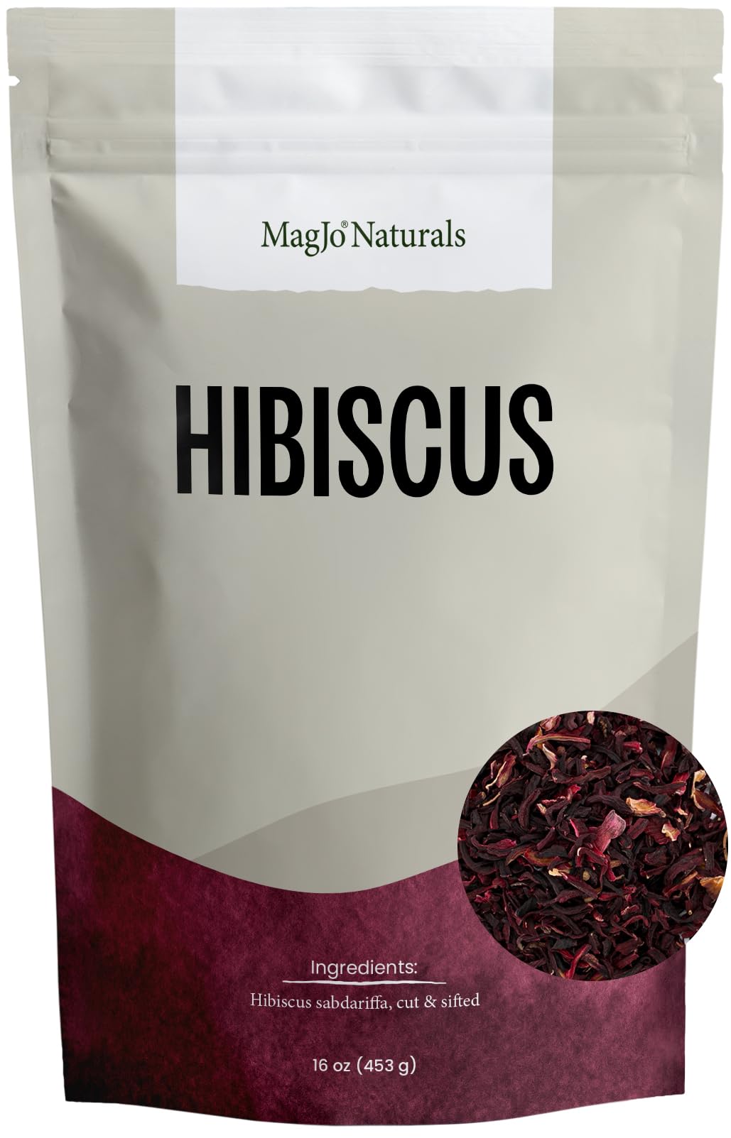 MagJo Naturals Hibiscus Flowers 1lb pack ready for caffeine-free tea.