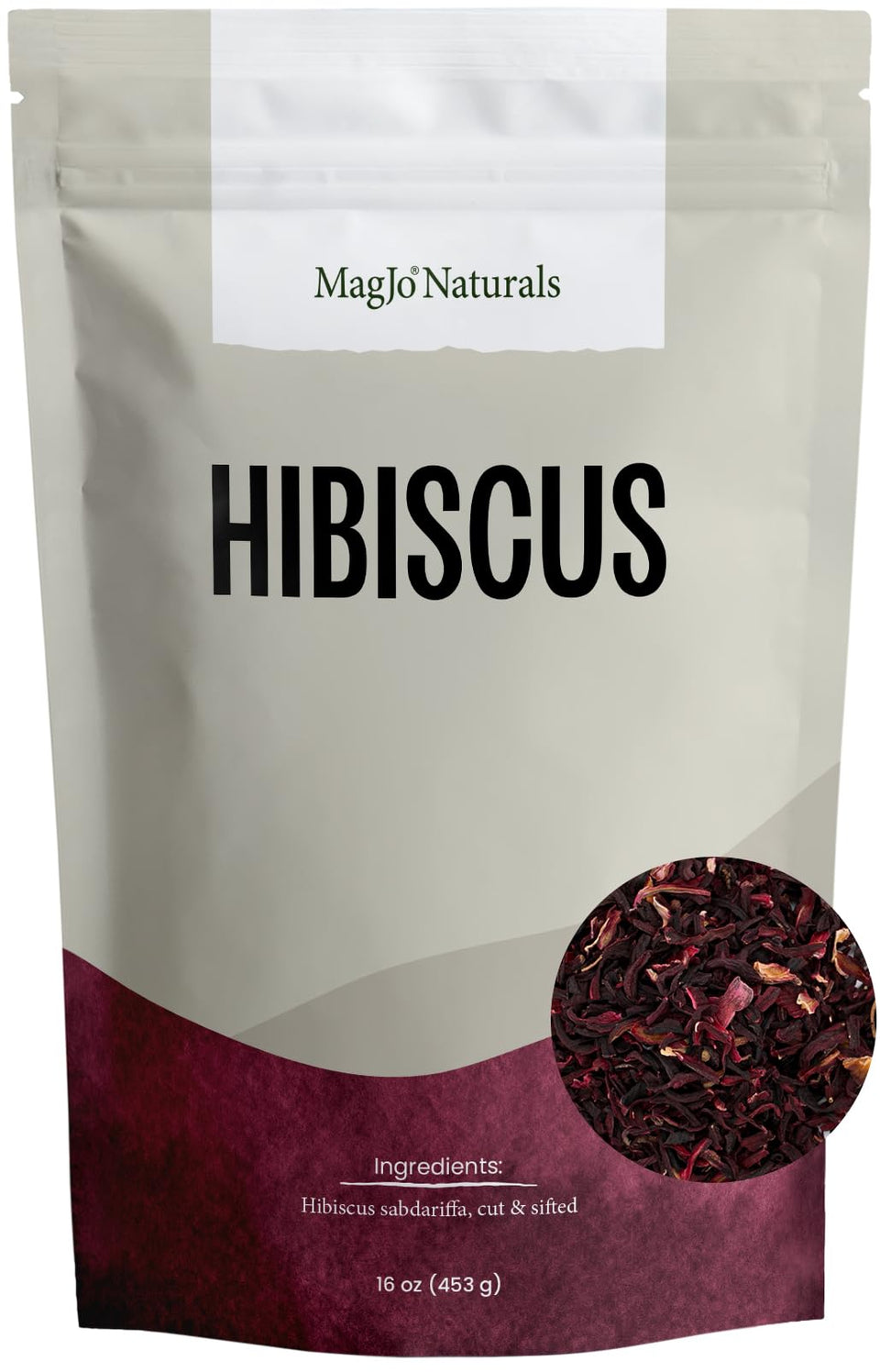 MagJo Naturals Hibiscus Flowers 1lb pack ready for caffeine-free tea.