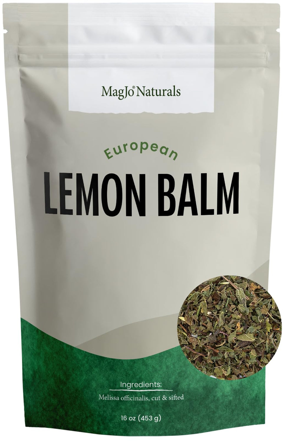 MagJo Naturals Lemon Balm Tea in a resealable pouch preserves freshness and aroma.