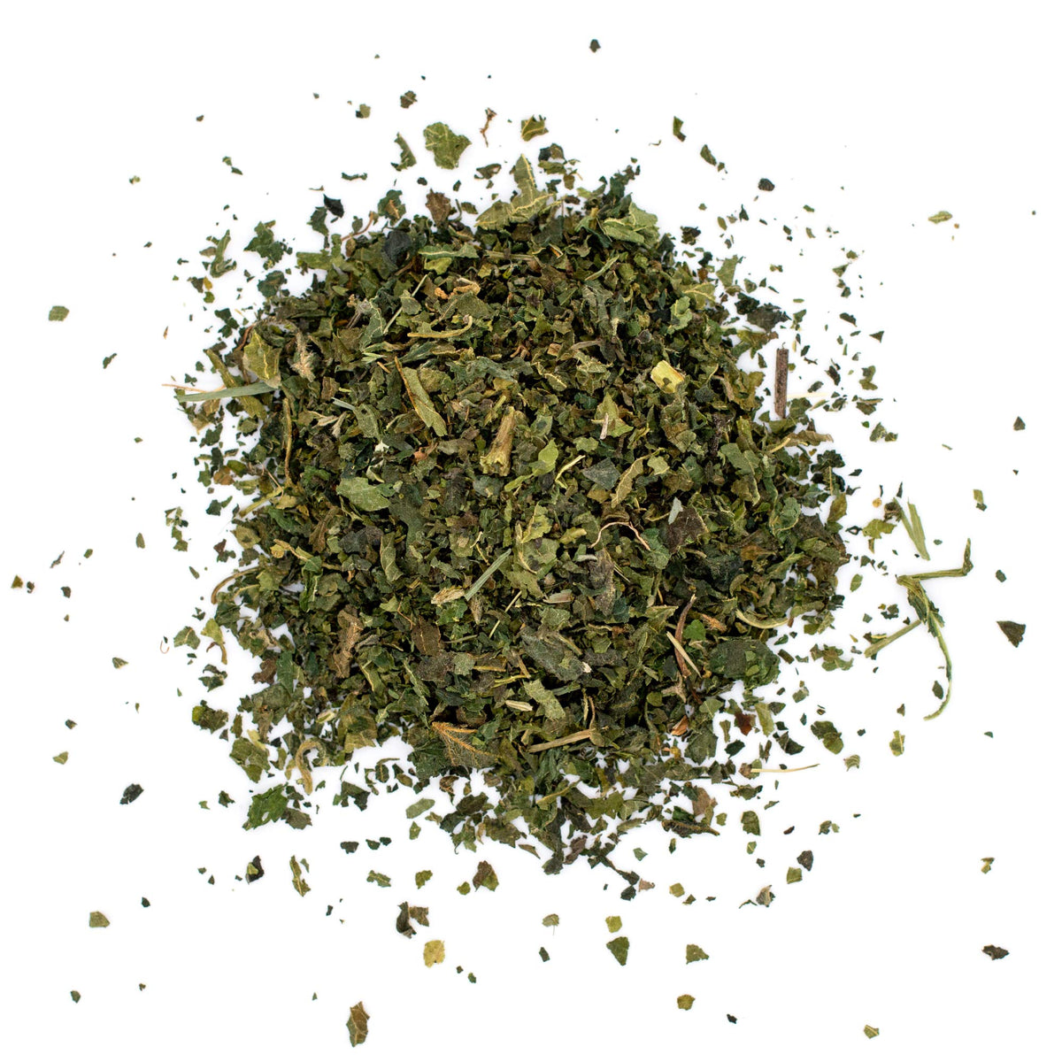 Cut and sifted nettle leaves prepared for loose tea brewing