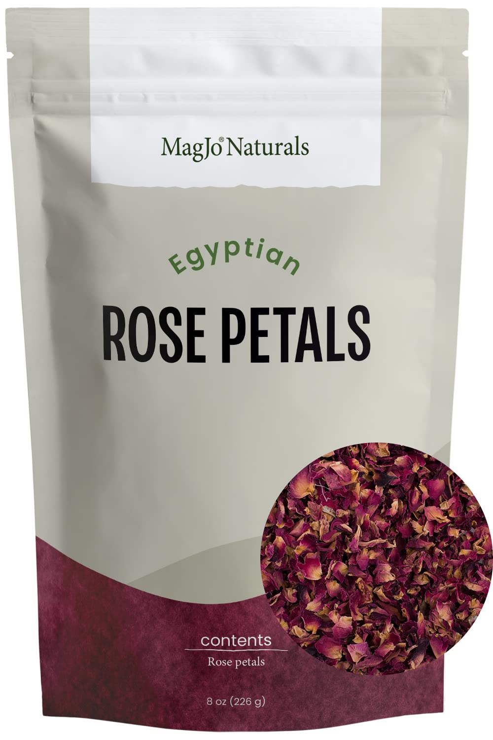 MagJo Naturals red rose petals 8oz for culinary use in desserts and teas.