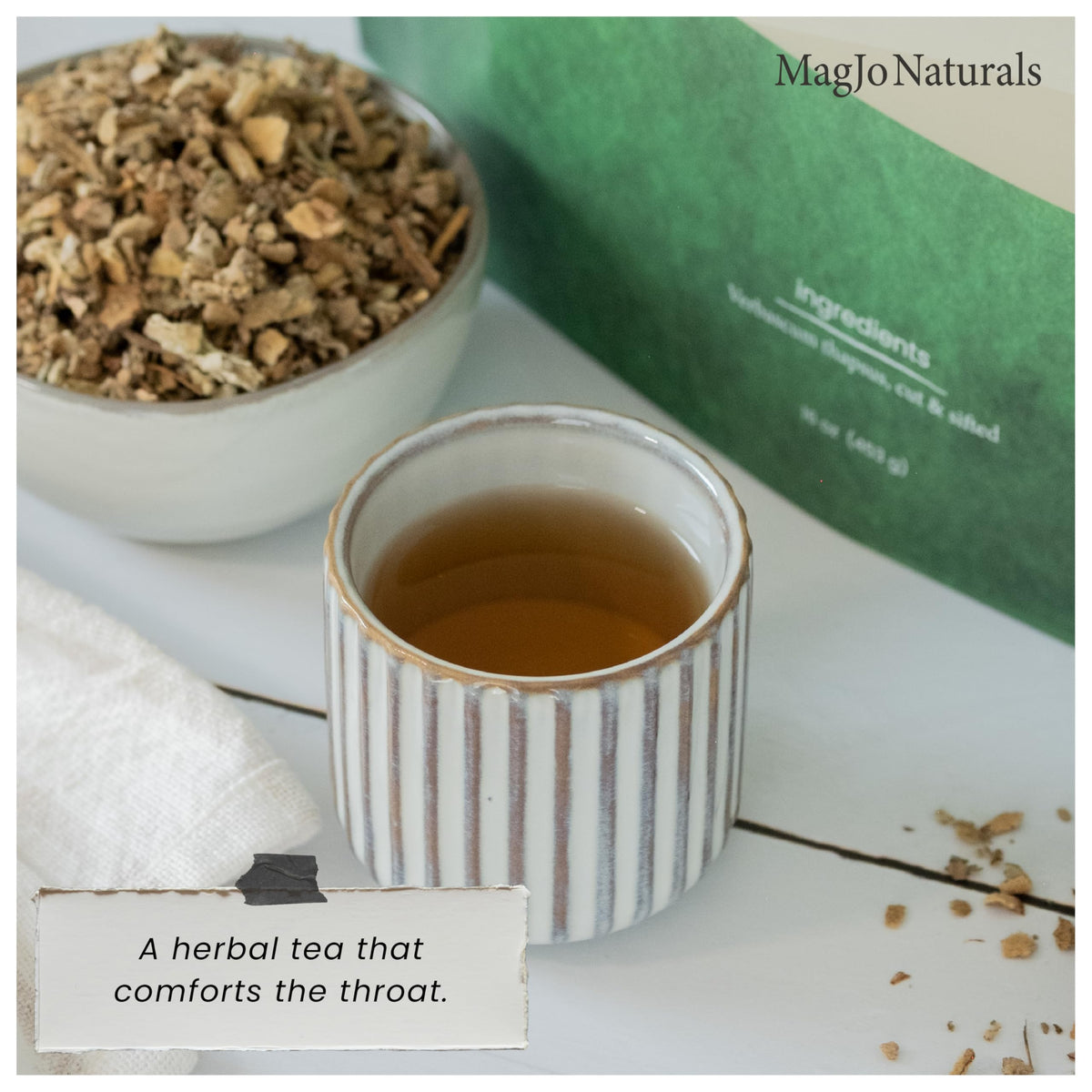 MagJo Naturals mullein leaf tea brewing, with inviting steam and amber color