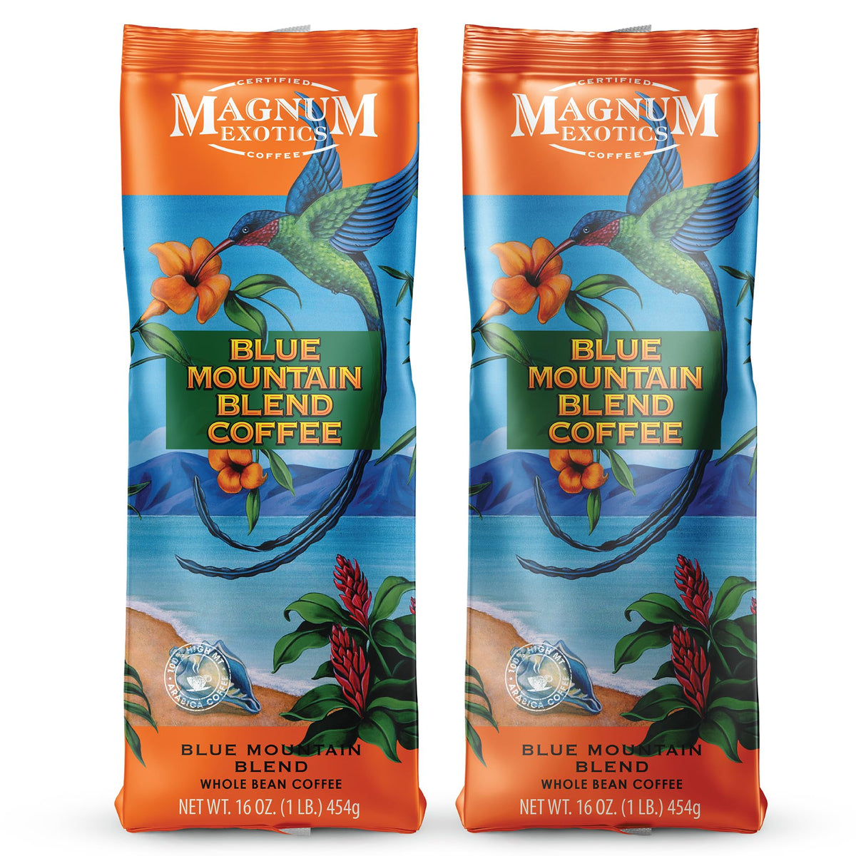 Magnum Exotics Blue Mountain beans ready for grinding, offering a premium, aromatic brewing experience.