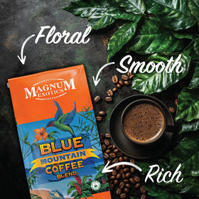 Magnum Exotics Blue Mountain Blend roasting scene highlights small-batch craftsmanship