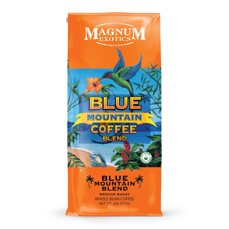 Magnum Exotics Blue Mountain Blend whole beans for a rich, balanced cup at home