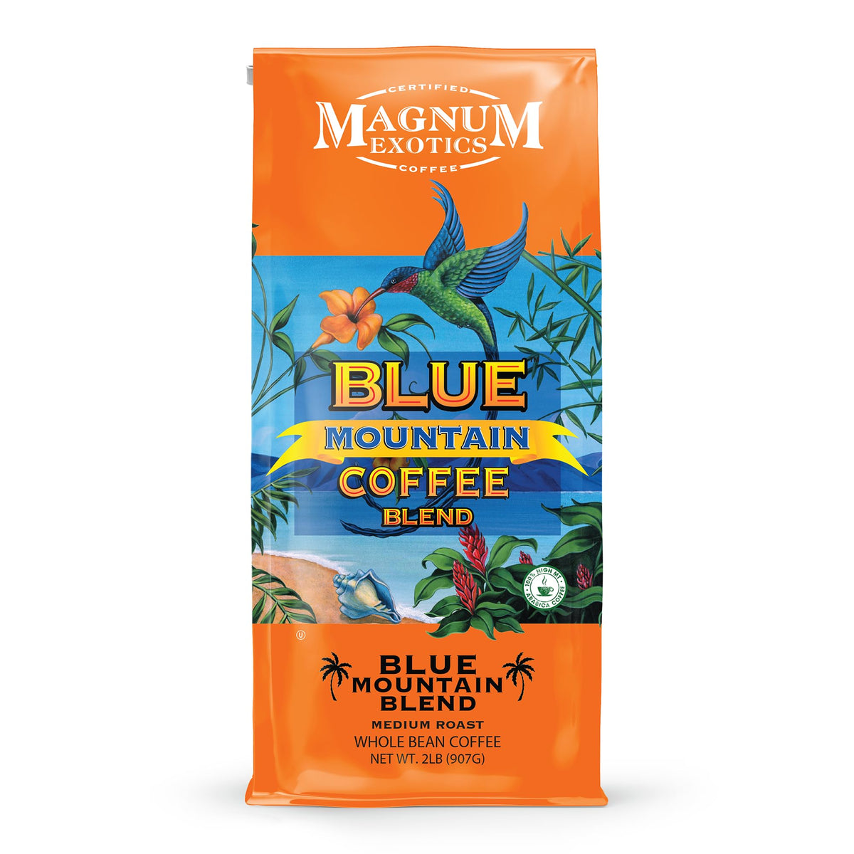 Magnum Exotics Blue Mountain Blend whole beans showing rich aroma and balanced flavor