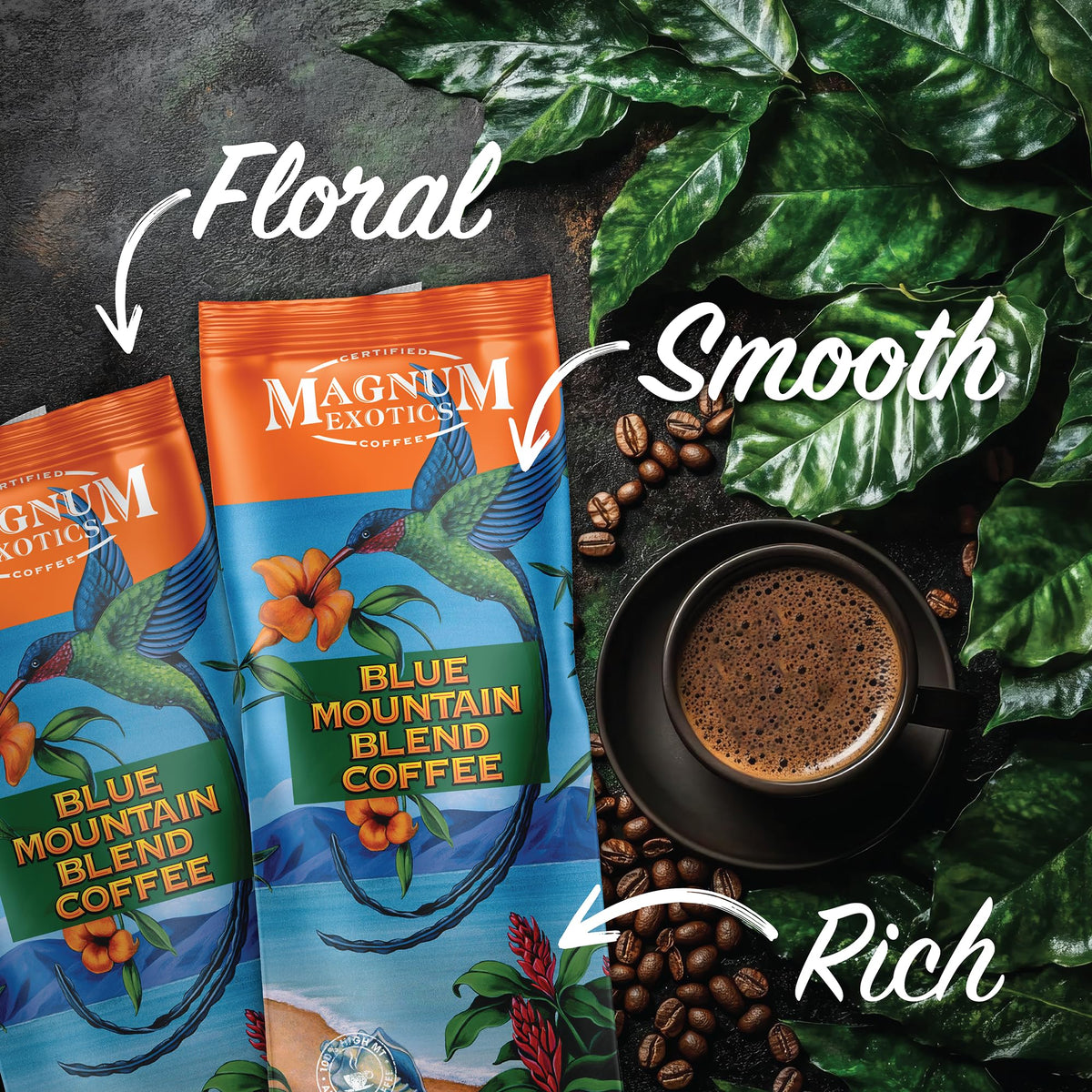 Magnum Exotics Blue Mountain brew-pour setup highlights balanced, floral notes.