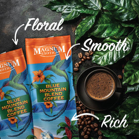 Magnum Exotics Blue Mountain brew-pour setup highlights balanced, floral notes.
