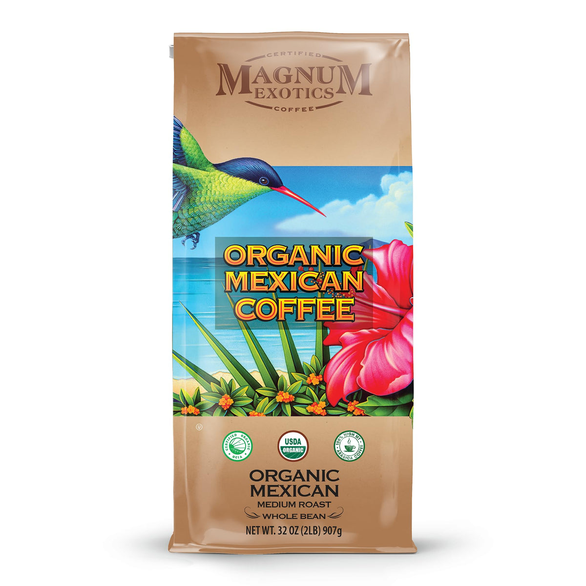 Magnum Exotics Organic Mexican Coffee bag preserves freshness with nitrogen flushing.