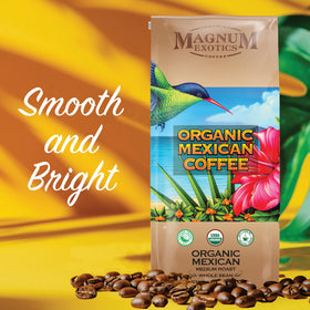 Steaming mug of Magnum Exotics coffee invites smooth aroma and flavor.