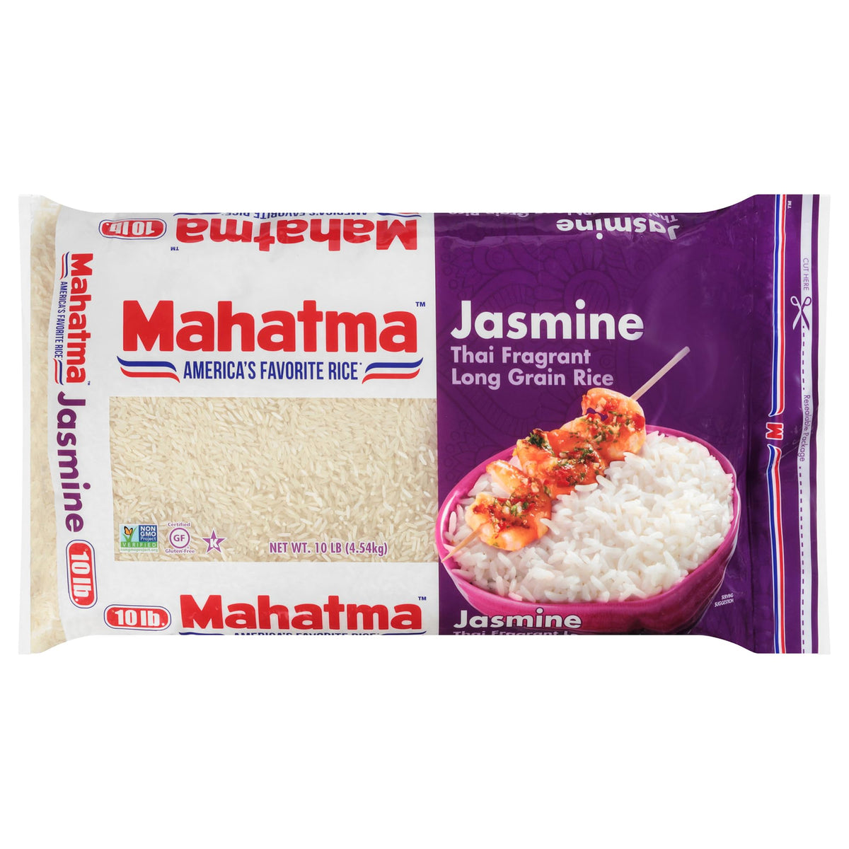 Mahatma Jasmine fragrant rice bag on counter, ideal for versatile Thai, Indian, or Cambodian dishes.
