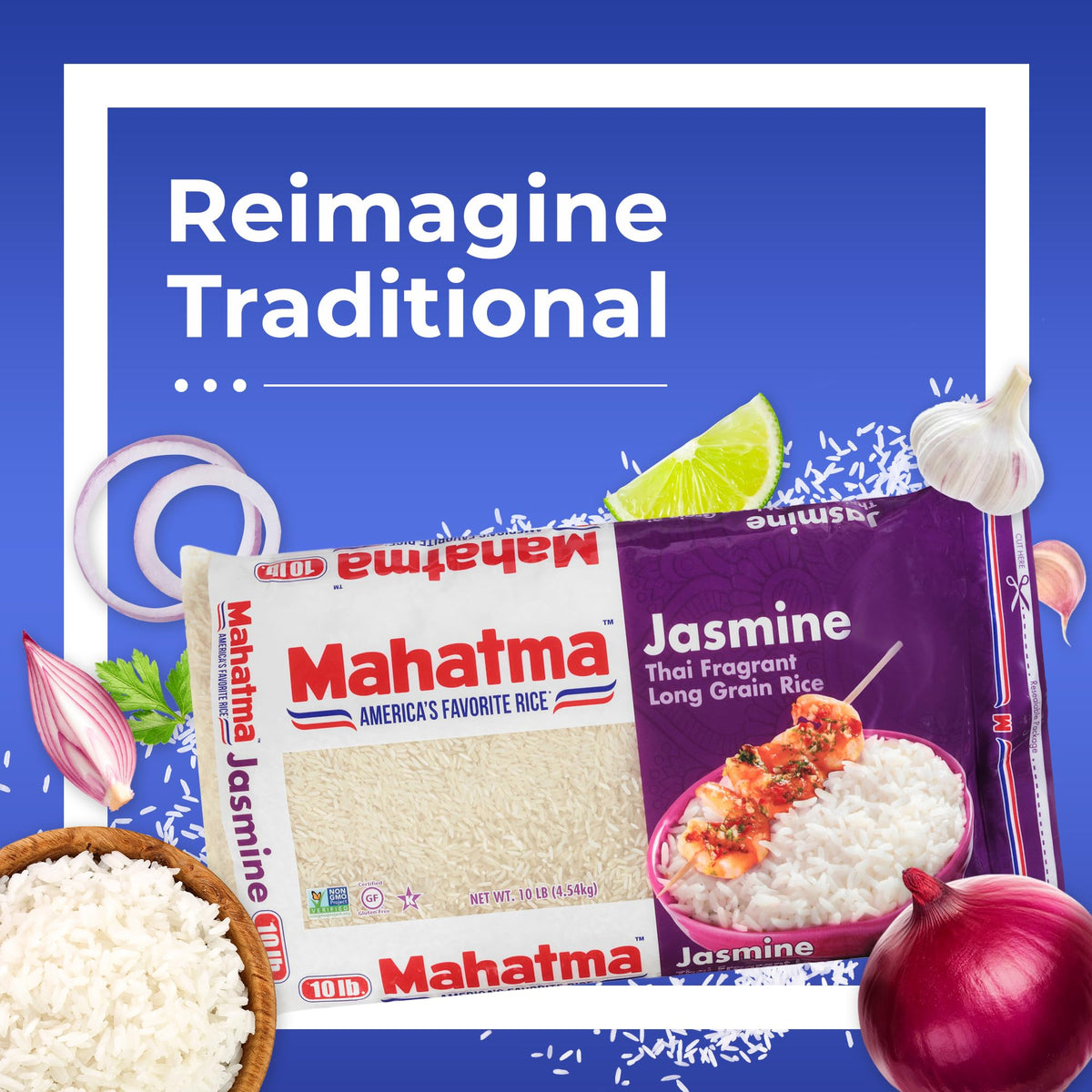 Mahatma Jasmine steaming rice bowl highlighting fluffy grains for weeknight dinners.