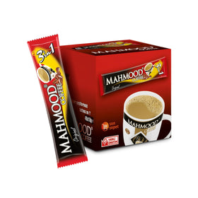 Mahmood 3 in 1 coffee packet closeup shows rich crema and convenience.