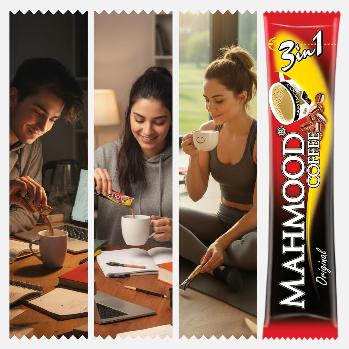Mahmood 3 in 1 coffee on the go with travel-friendly single-serve packets.