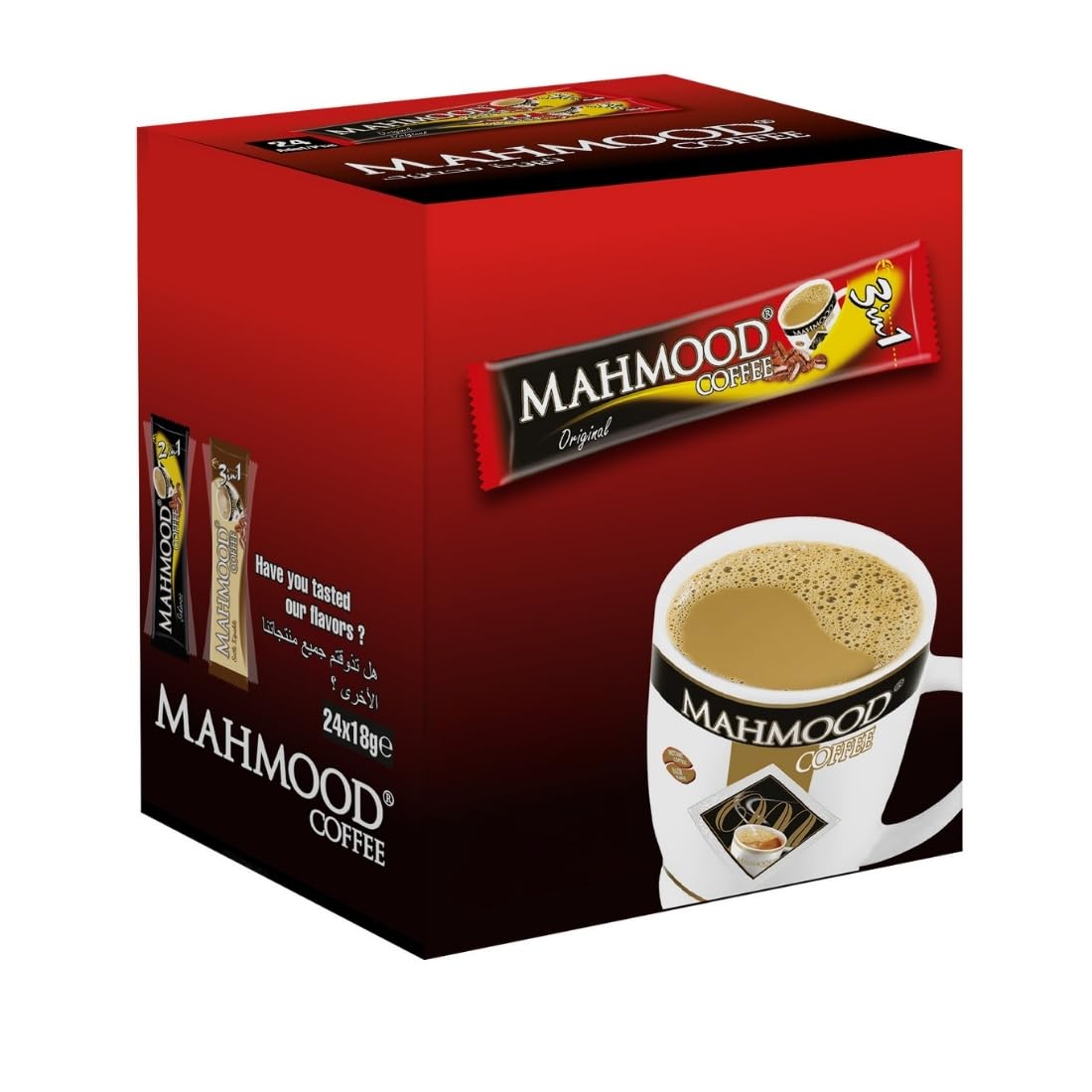 Mahmood Coffee 3 in 1 sticks showcase individual servings ready to brew.