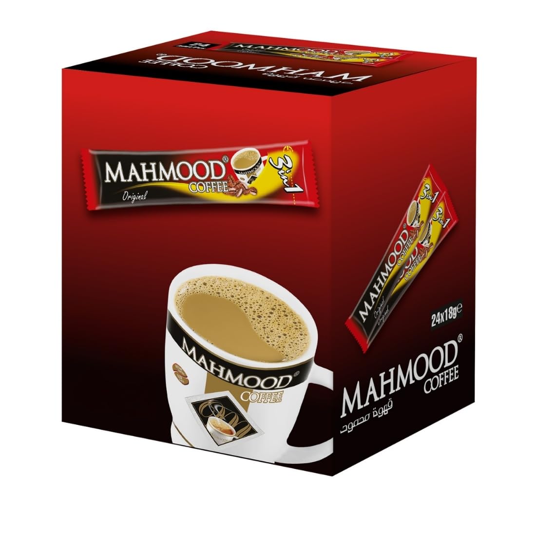 Mahmood Coffee 3 in 1 cup preparation demonstrates easy dissolution in hot water.