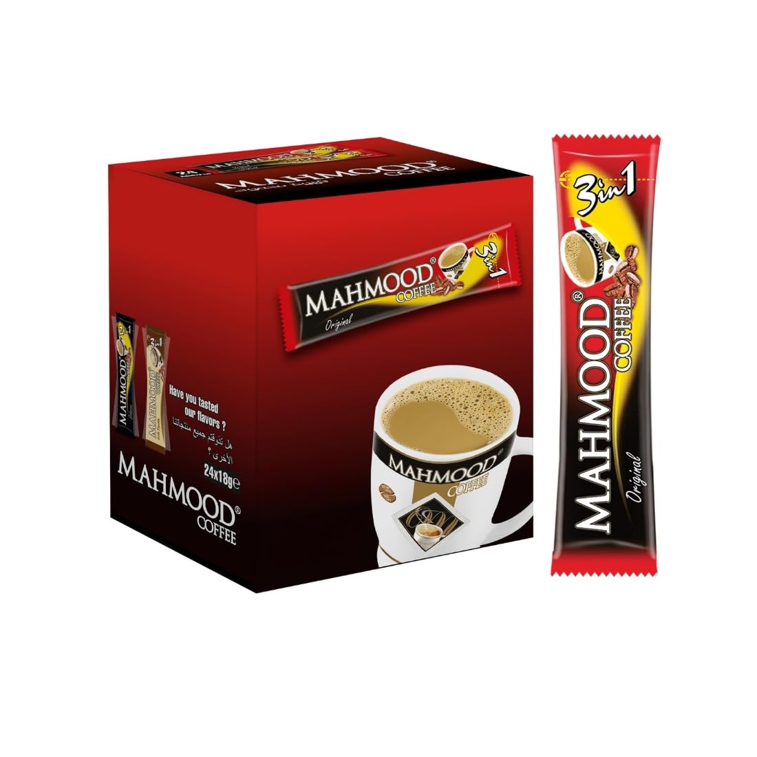 Mahmood Coffee 3 in 1 sticks close-up for quick, convenient single-serve mornings.