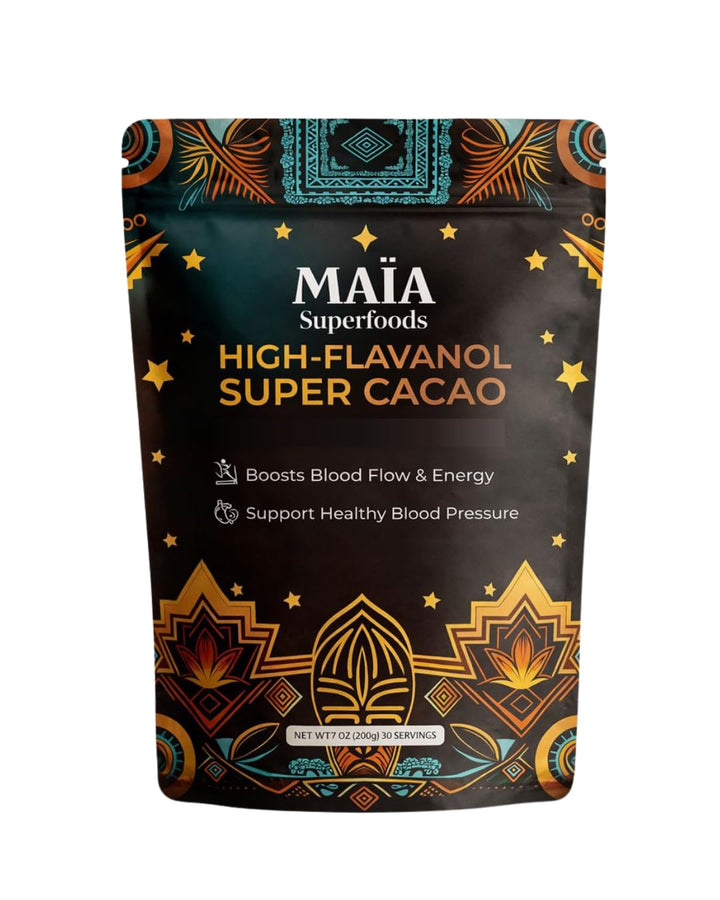 Maia Ceremonial Cacao packaging front showcases purity for mindful daily rituals.
