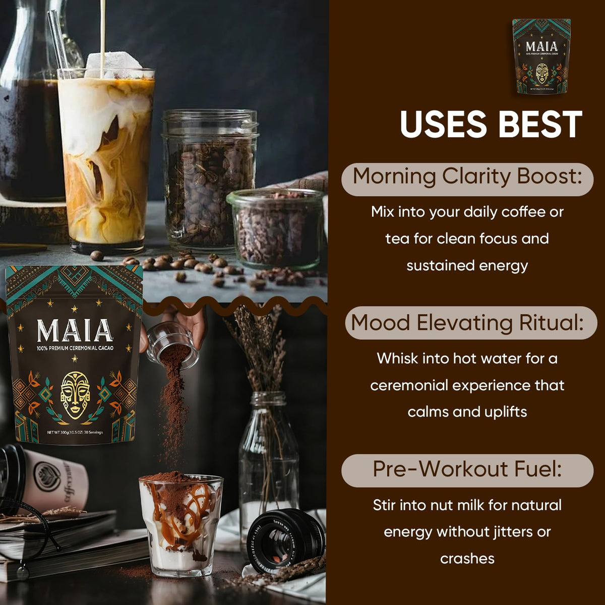 Maia Ceremonial Cacao being poured into a cup emphasizes aroma and ritual moment.