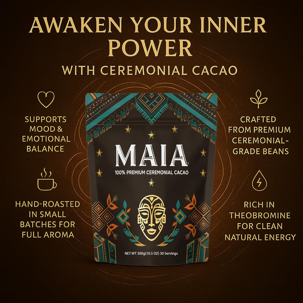 Close-up of Maia Ceremonial Cacao powder aroma and rich, cacao-forward texture.