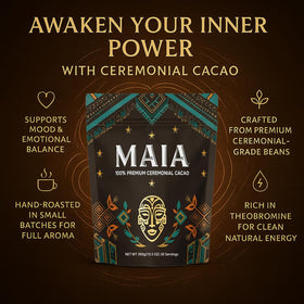 Close-up of Maia Ceremonial Cacao powder aroma and rich, cacao-forward texture.