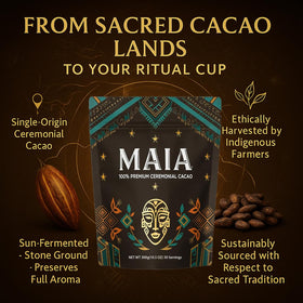 Hot cacao being prepared with Maia Ceremonial Cacao powder for a comforting drink.