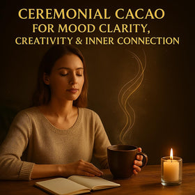 Measuring scoop of Maia Ceremonial Cacao powder emphasizes purity and clean ingredients.