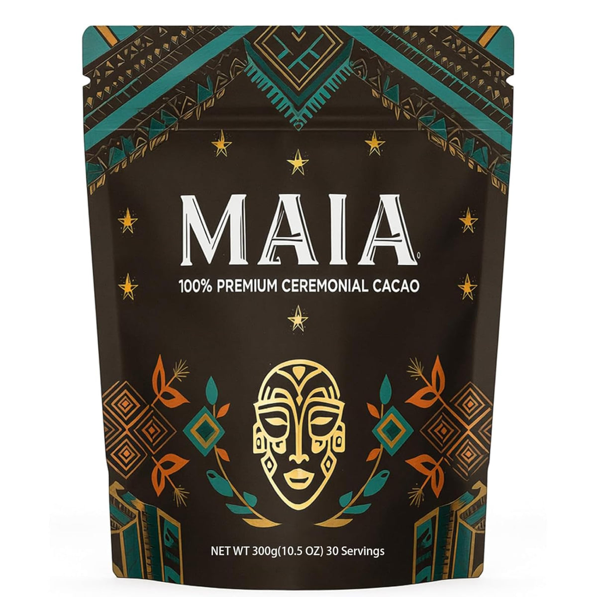 Maia Ceremonial Cacao powder packshot shows pure organic quality for clean energy.