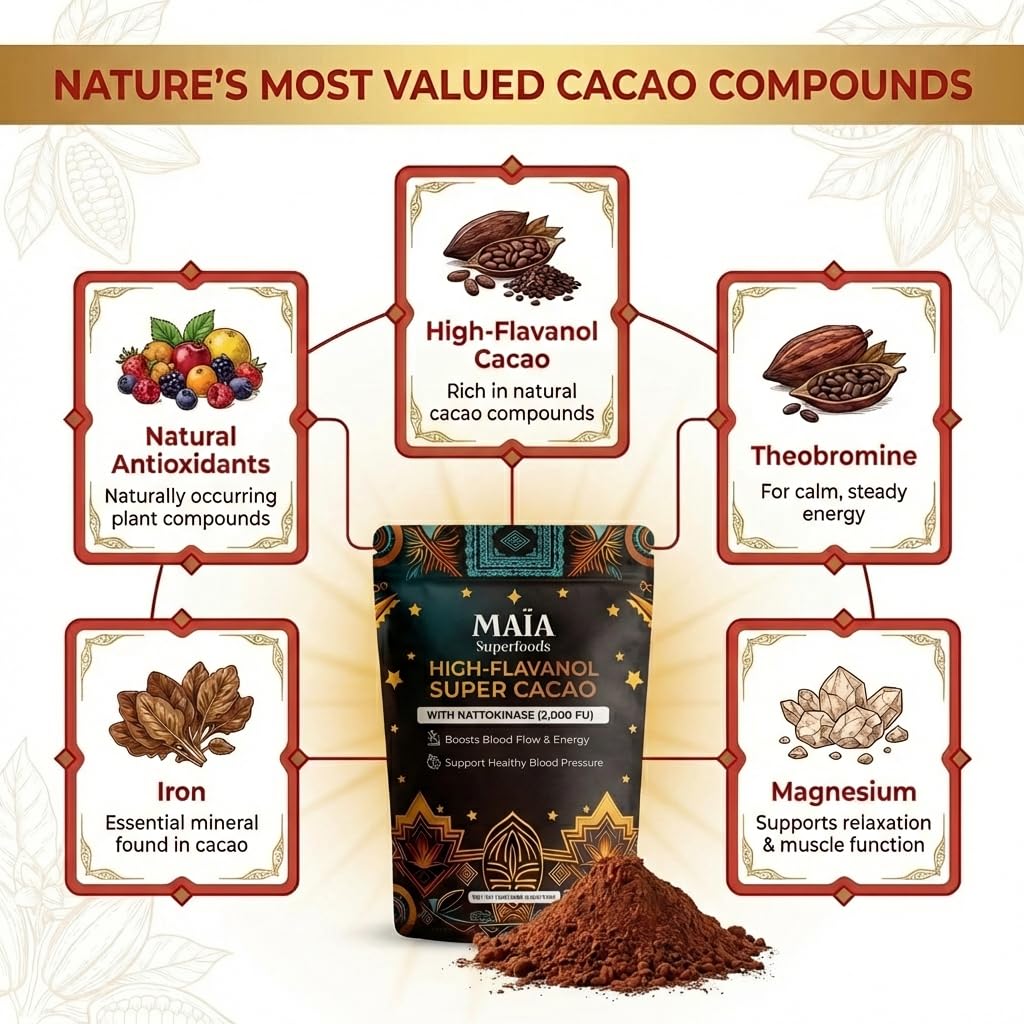 Maia Ceremonial Cacao powder texture closeup shows rich, velvety cacao for smooth drinks.