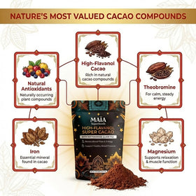 Maia Ceremonial Cacao powder texture closeup shows rich, velvety cacao for smooth drinks.