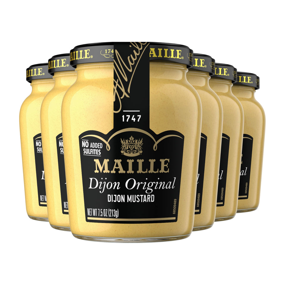 Maille Dijon Originale No Added Sulfites bottle front view, ideal for gourmet sandwiches.