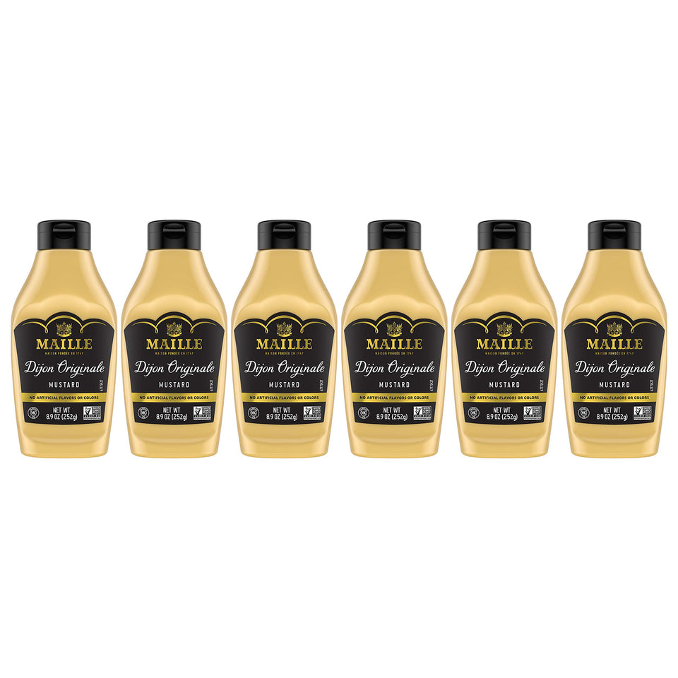 Maille Dijon Originale squeeze bottle pour highlights creamy texture ideal for sauces