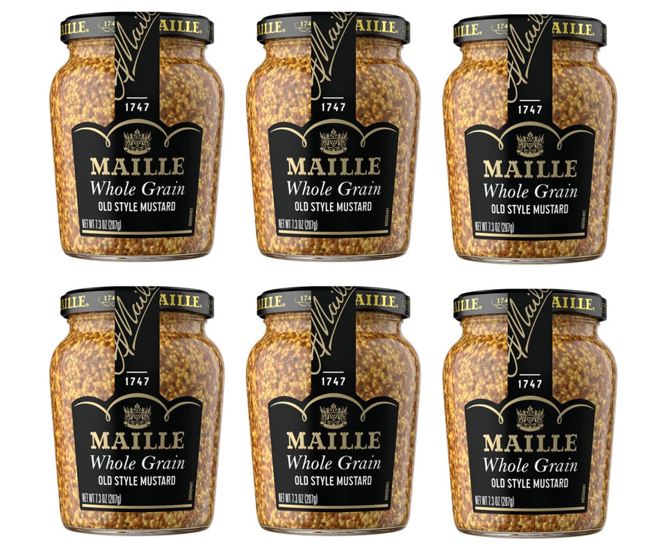 Maille Old Style Dijon mustard bottle close-up, creamy texture suitable for dressings.